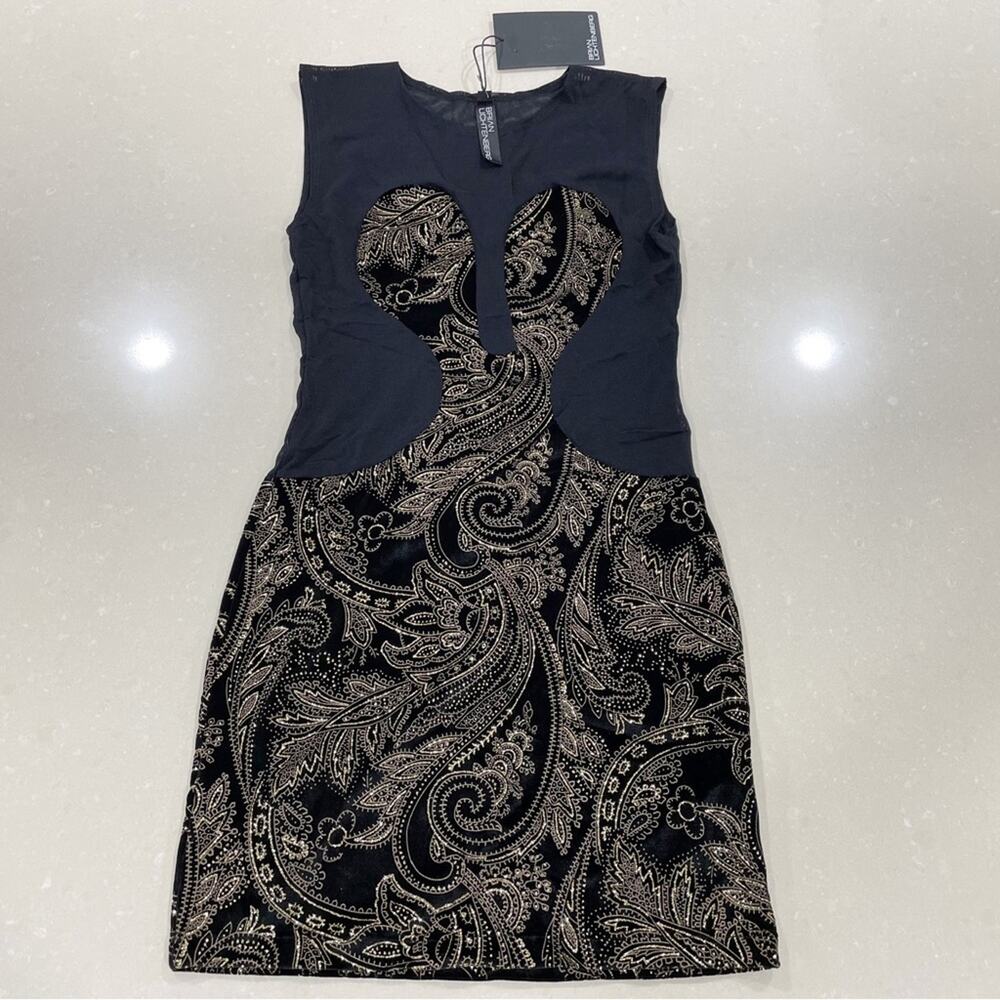 NWT Brian Lichtenberg Freakum Sheer Mesh Cocktail Dress Black Gold Large